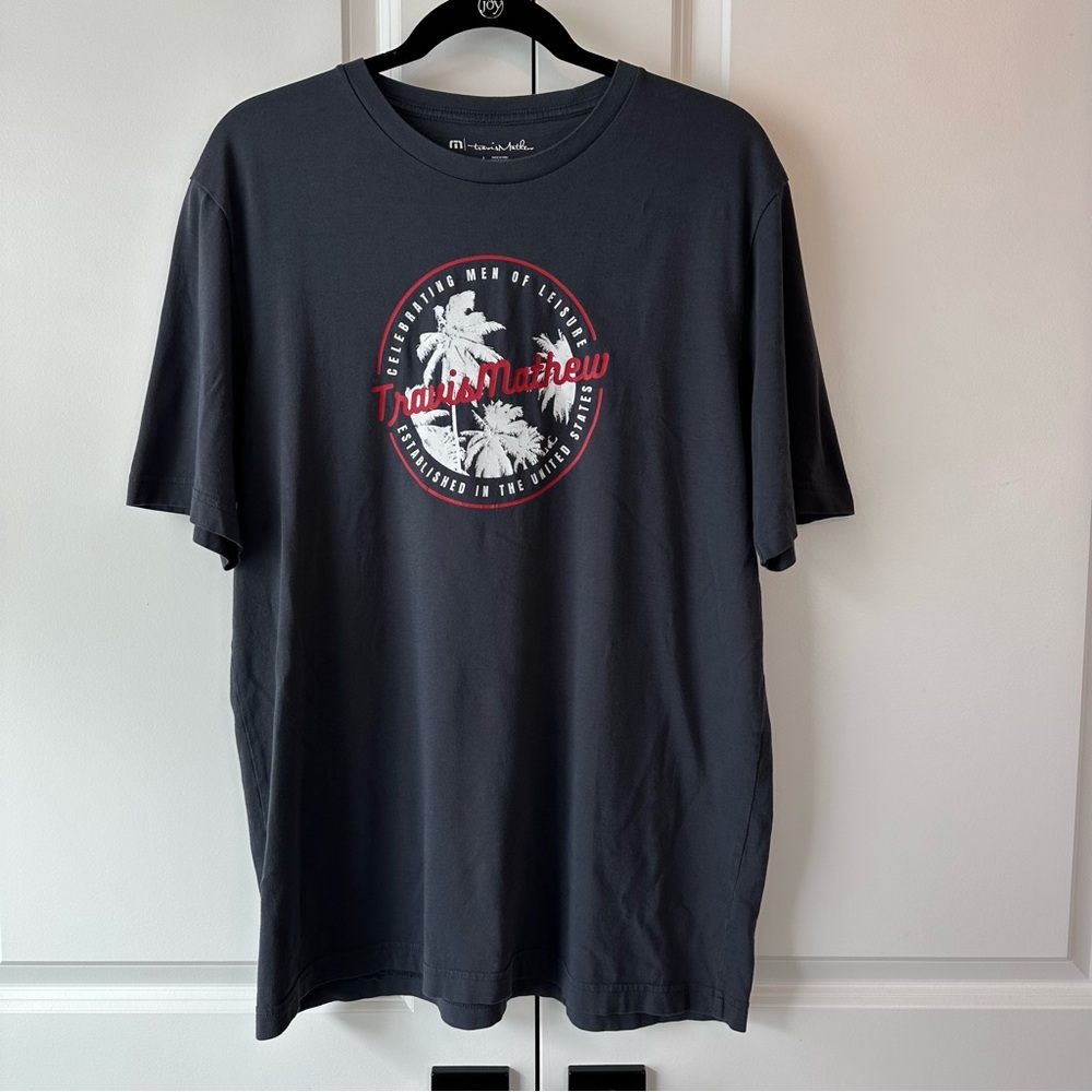Travis Mathew Men’s Palm Tree Logo Short Sleeve Tee Navy Blue (Size L)